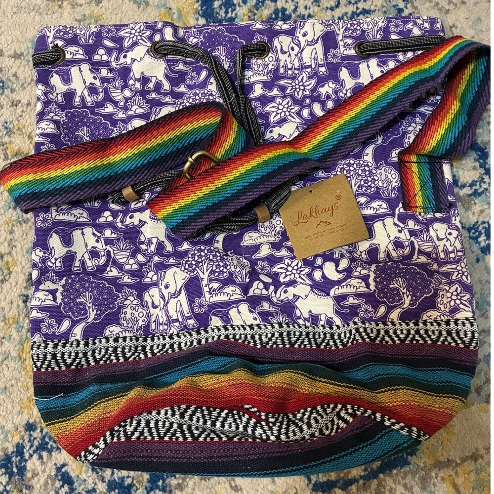 Lakhays Purple Elephant Print Drawstring Bucket Bag Rainbow Strap NWT 90551